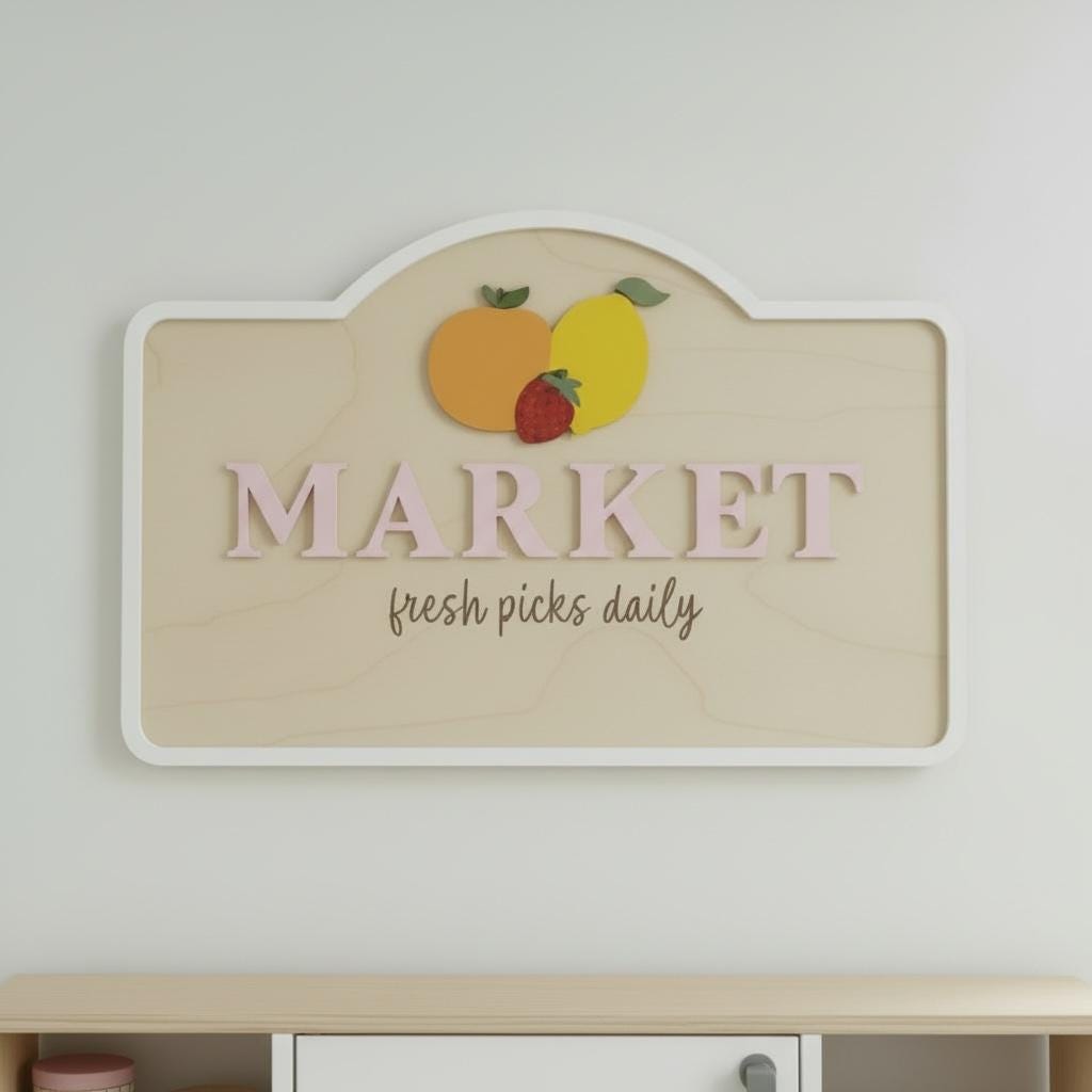 Personalized Kids Market Sign | Wooden Playroom Market Decor | Laser Cut Birch & Acrylic | Toy Kitchen Wall Sign | Farmers Market Play Sign