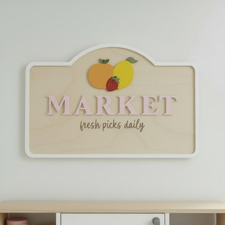 Personalized Kids Market Sign | Wooden Playroom Market Decor | Laser Cut Birch & Acrylic | Toy Kitchen Wall Sign | Farmers Market Play Sign
