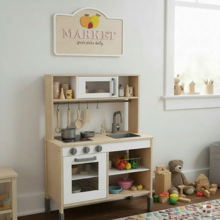 Personalized Kids Market Sign | Wooden Playroom Market Decor | Laser Cut Birch & Acrylic | Toy Kitchen Wall Sign | Farmers Market Play Sign