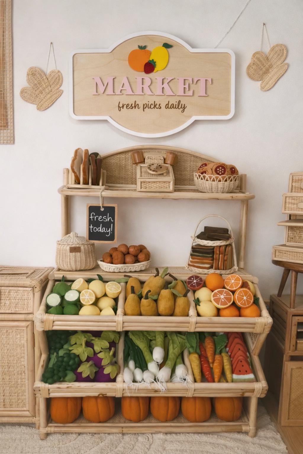 Personalized Kids Market Sign | Wooden Playroom Market Decor | Laser Cut Birch & Acrylic | Toy Kitchen Wall Sign | Farmers Market Play Sign