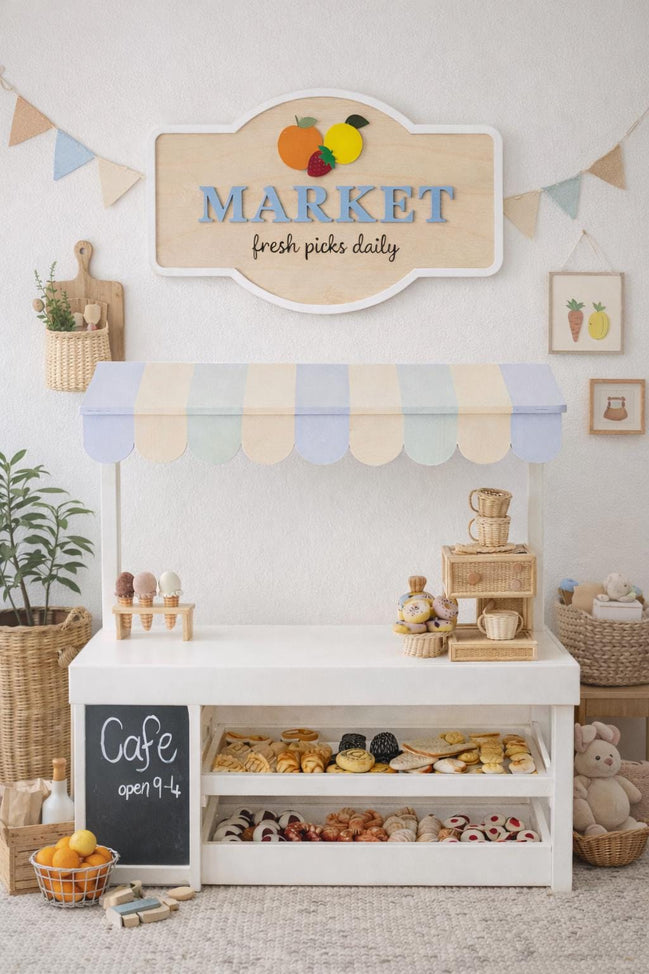 Personalized Kids Market Sign | Wooden Playroom Market Decor | Laser Cut Birch & Acrylic | Toy Kitchen Wall Sign | Farmers Market Play Sign