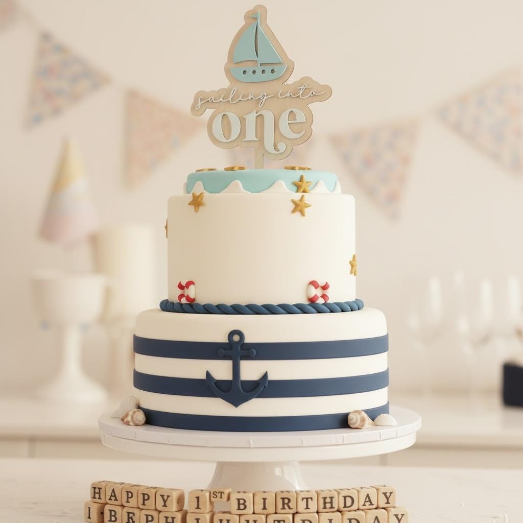 Sailboat First Birthday Cake Topper  Sailing Into One  Nautical 1st Birthday Decor  Personalized Name Option  Blue & White