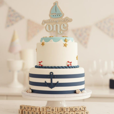Sailboat First Birthday Cake Topper  Sailing Into One  Nautical 1st Birthday Decor  Personalized Name Option  Blue & White