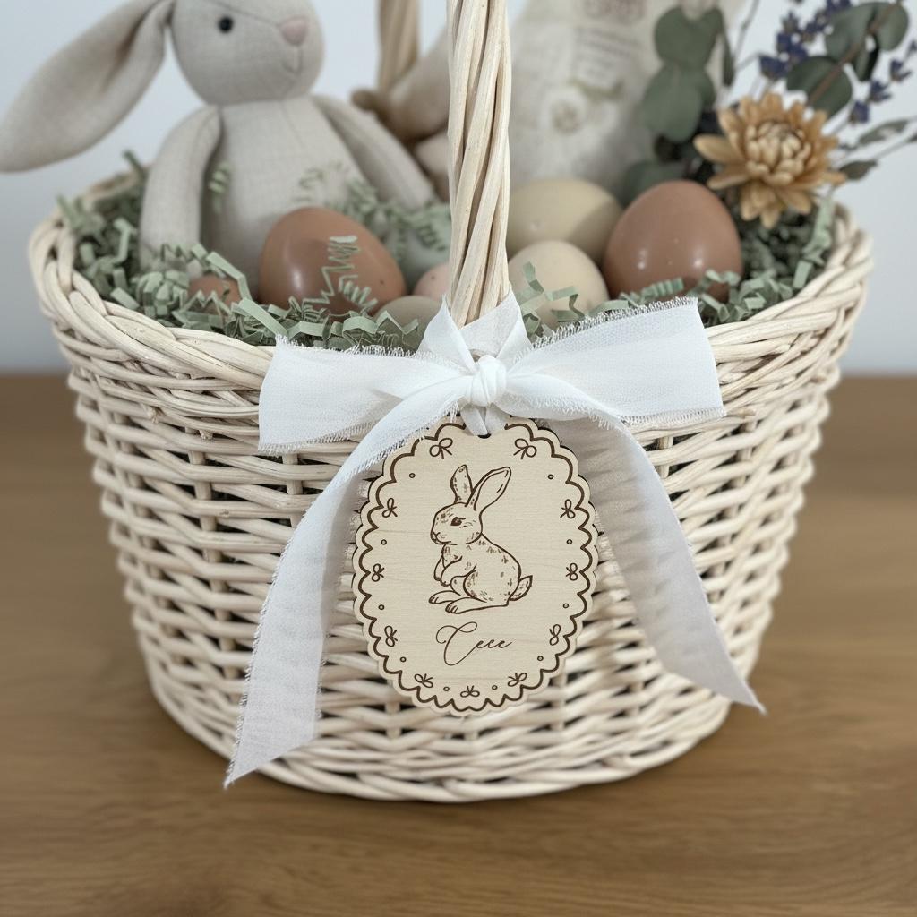 Personalized Easter Basket Tag | Scalloped Bunny Easter Tag | Custom Easter Basket Name Tag | Wooden Easter Basket Tag | Laser Cut Bunny Tag