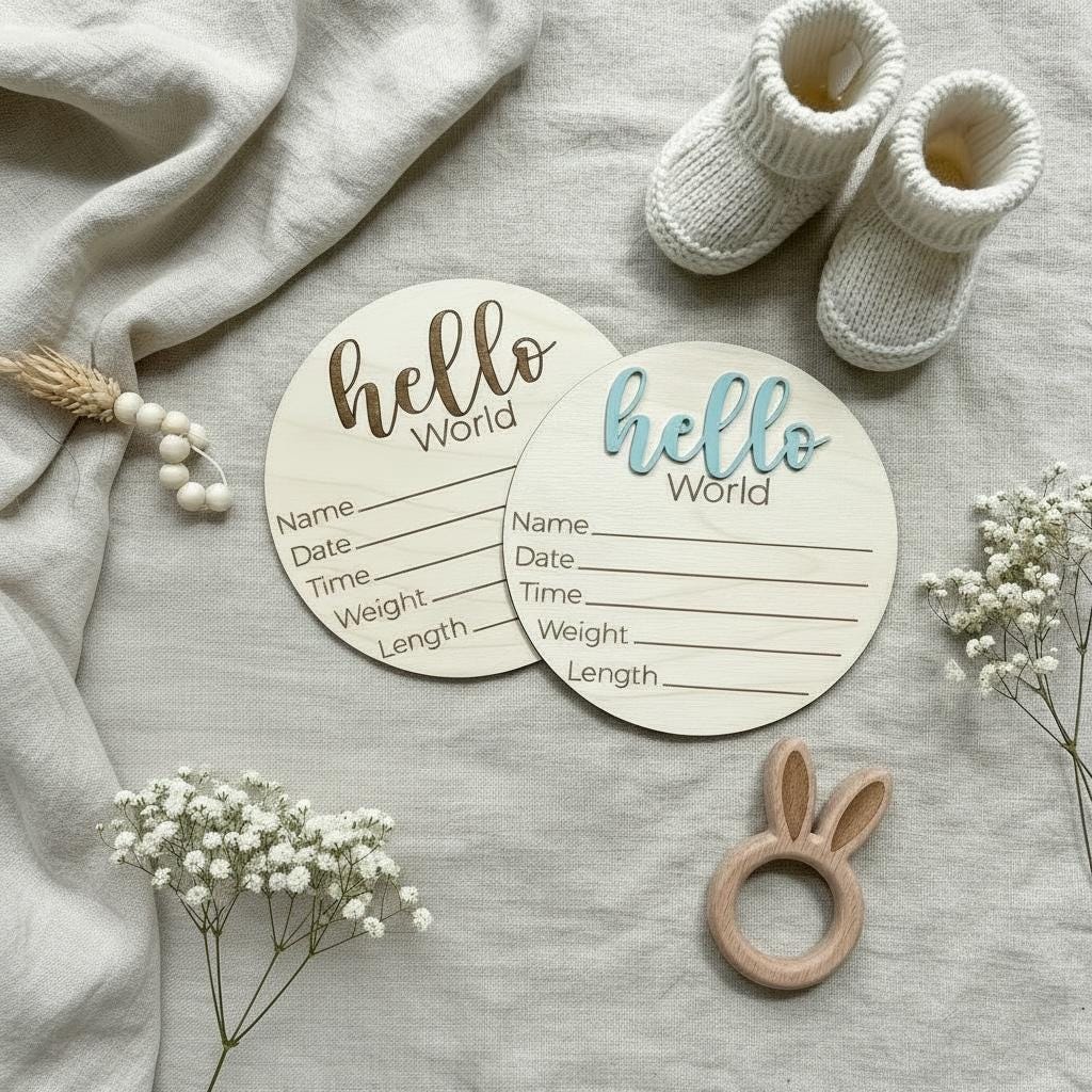 Personalized Baby Birth Announcement Sign  Hello World Wooden Round | Baby Stats Name Sign | Newborn Photo Prop | Baby Shower Gift | Nurser