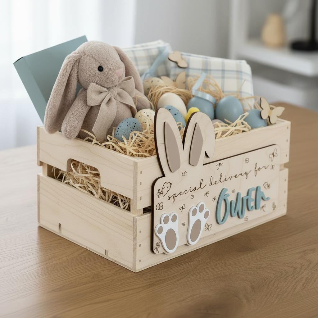 Personalized Easter Crate Sign  Bunny Ears Easter Basket Plaque  Custom Easter Basket Name Tag  Laser Cut Wood Easter Crate Sign  Easter