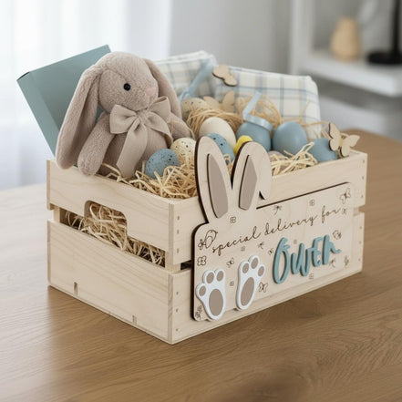 Personalized Easter Crate Sign  Bunny Ears Easter Basket Plaque  Custom Easter Basket Name Tag  Laser Cut Wood Easter Crate Sign  Easter