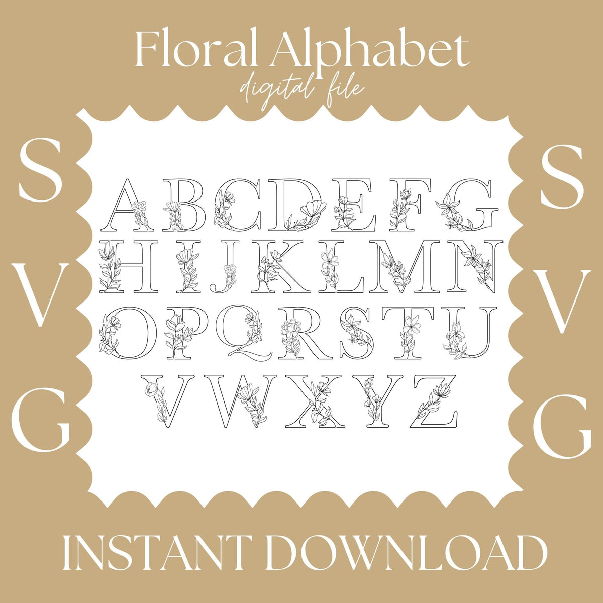 Floral Alphabet SVG Bundle | Decorative Letter SVG Files | AZ Floral Monogram Letters | Laser Cut, Engraving, Cricut, Glowforge, CNC Design