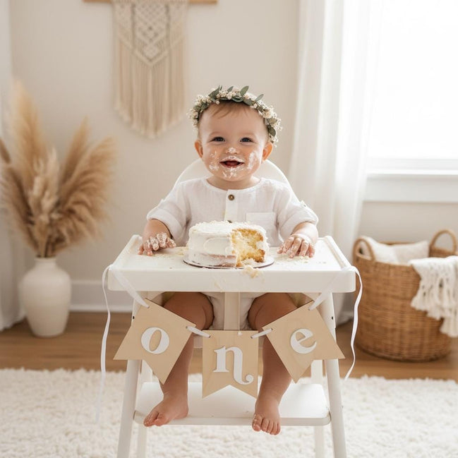 First Birthday ONE Banner  Wooden High Chair Banner  1st Birthday Cake Smash Decor  Birch Wood Baby Birthday Photo Prop