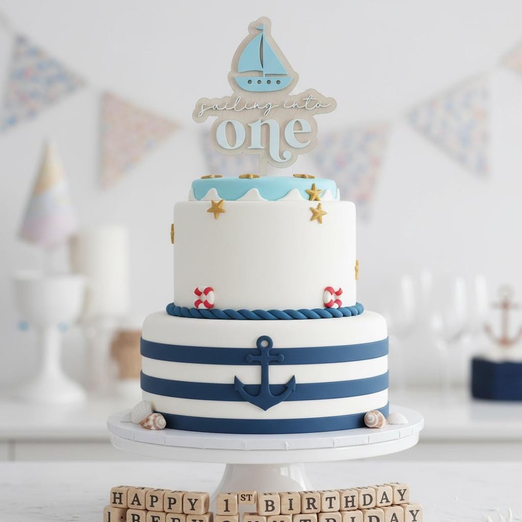 Sailboat First Birthday Cake Topper  Sailing Into One  Nautical 1st Birthday Decor  Personalized Name Option  Blue & White