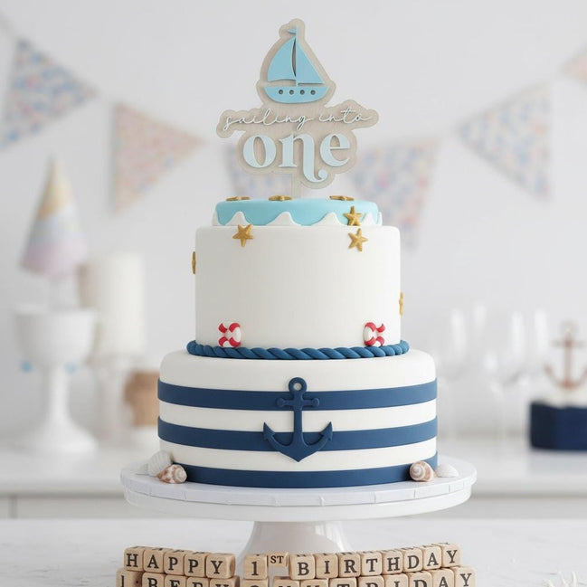 Sailboat First Birthday Cake Topper  Sailing Into One  Nautical 1st Birthday Decor  Personalized Name Option  Blue & White