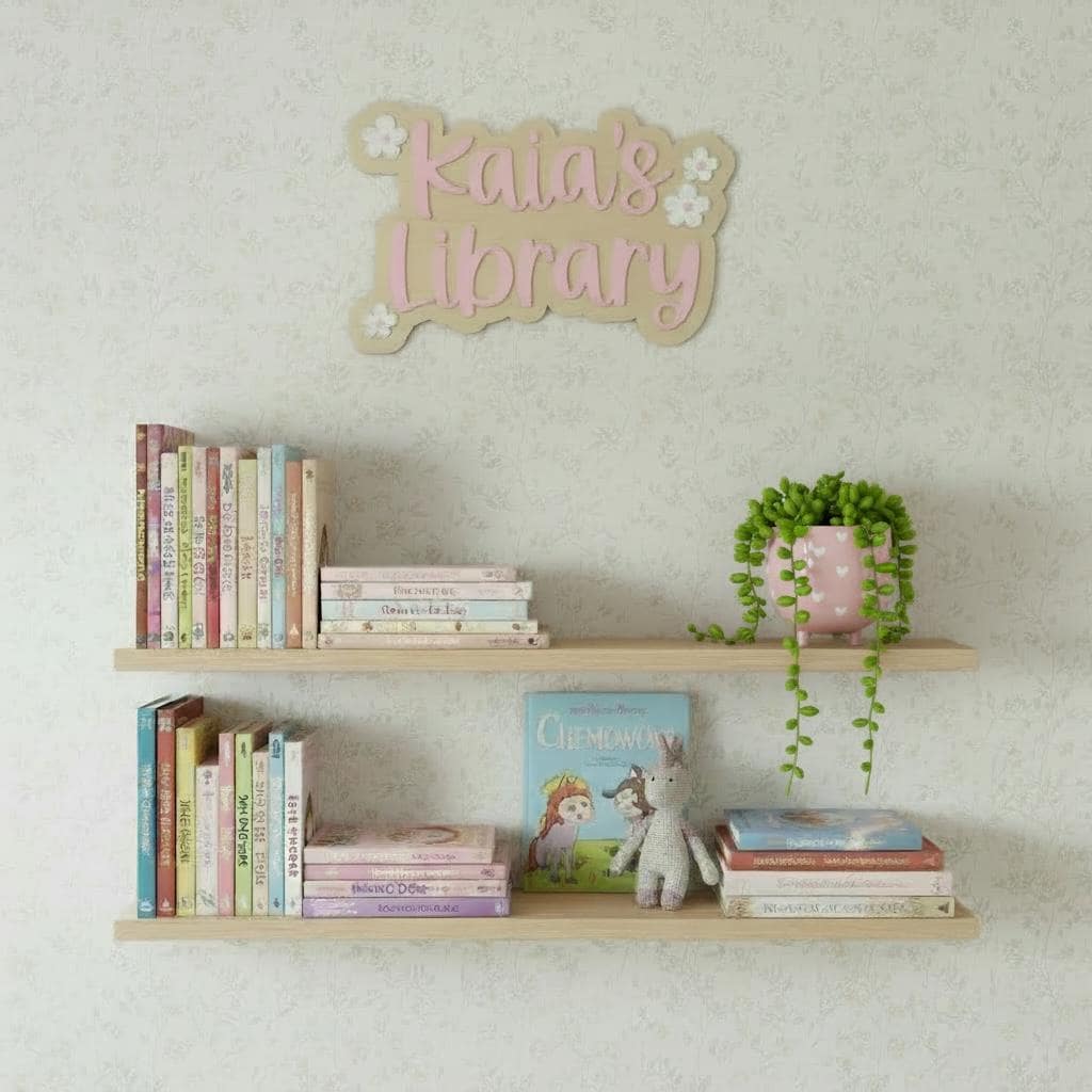 Personalized Kids Library Sign  Custom Name Wall Sign  Wooden & Acrylic Nursery Decor  Laser Cut Birch  Flower Name Sign  Playroom Book