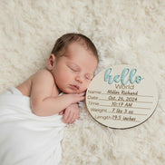 Personalized Baby Birth Announcement Sign  Hello World Wooden Round | Baby Stats Name Sign | Newborn Photo Prop | Baby Shower Gift | Nurser