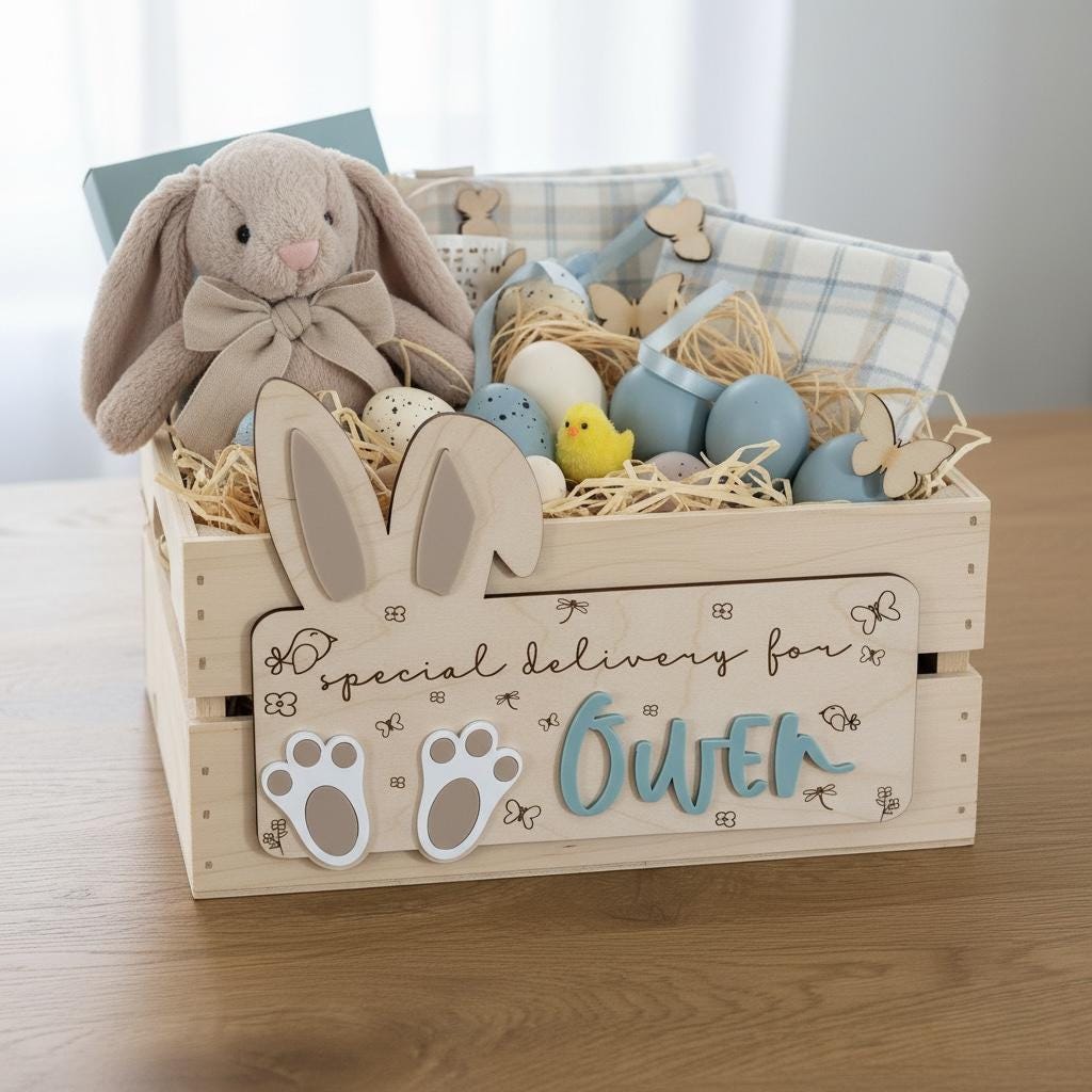 Personalized Easter Crate Sign  Bunny Ears Easter Basket Plaque  Custom Easter Basket Name Tag  Laser Cut Wood Easter Crate Sign  Easter
