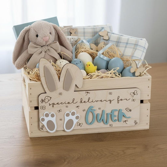 Personalized Easter Crate Sign  Bunny Ears Easter Basket Plaque  Custom Easter Basket Name Tag  Laser Cut Wood Easter Crate Sign  Easter