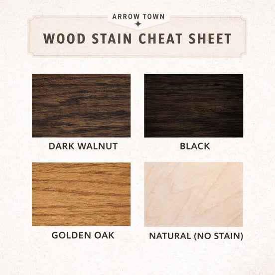 Four wood-finish samples labeled Dark Walnut, Black, Golden Oak and Natural.