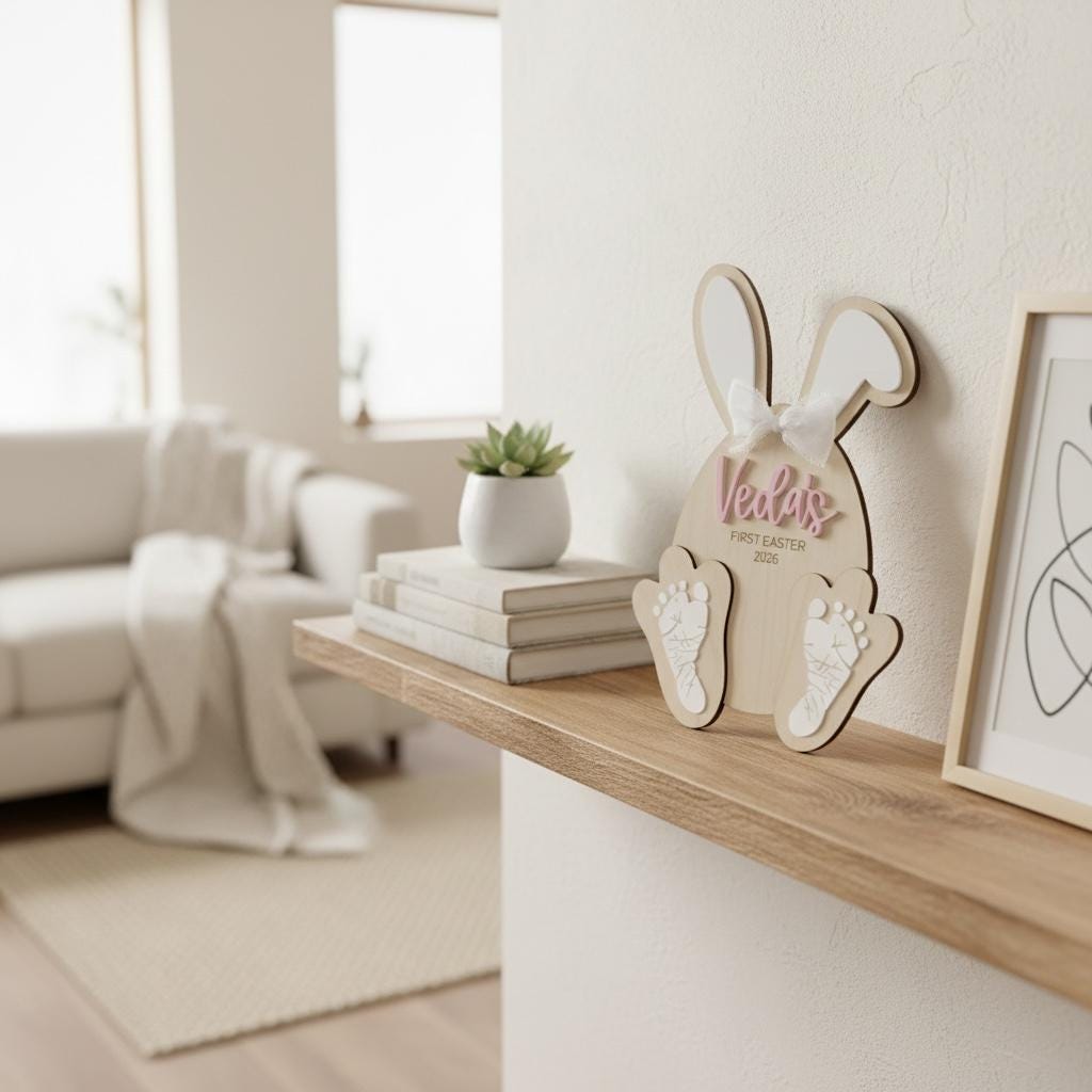 Personalized Baby First Easter Footprint Sign | Custom Bunny Footprint Keepsake | Newborn Easter Decor | Baby Footprint Plaque | Nursery