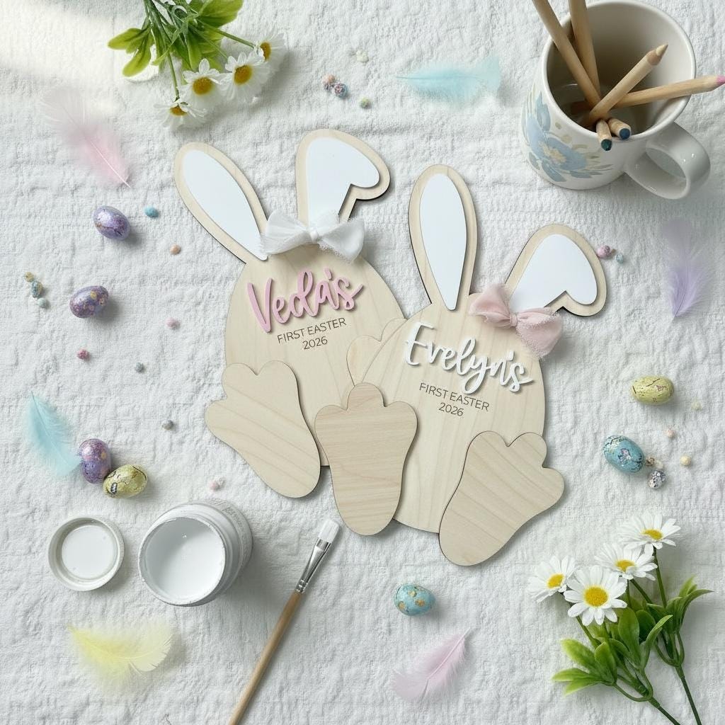 Personalized Baby First Easter Footprint Sign | Custom Bunny Footprint Keepsake | Newborn Easter Decor | Baby Footprint Plaque | Nursery
