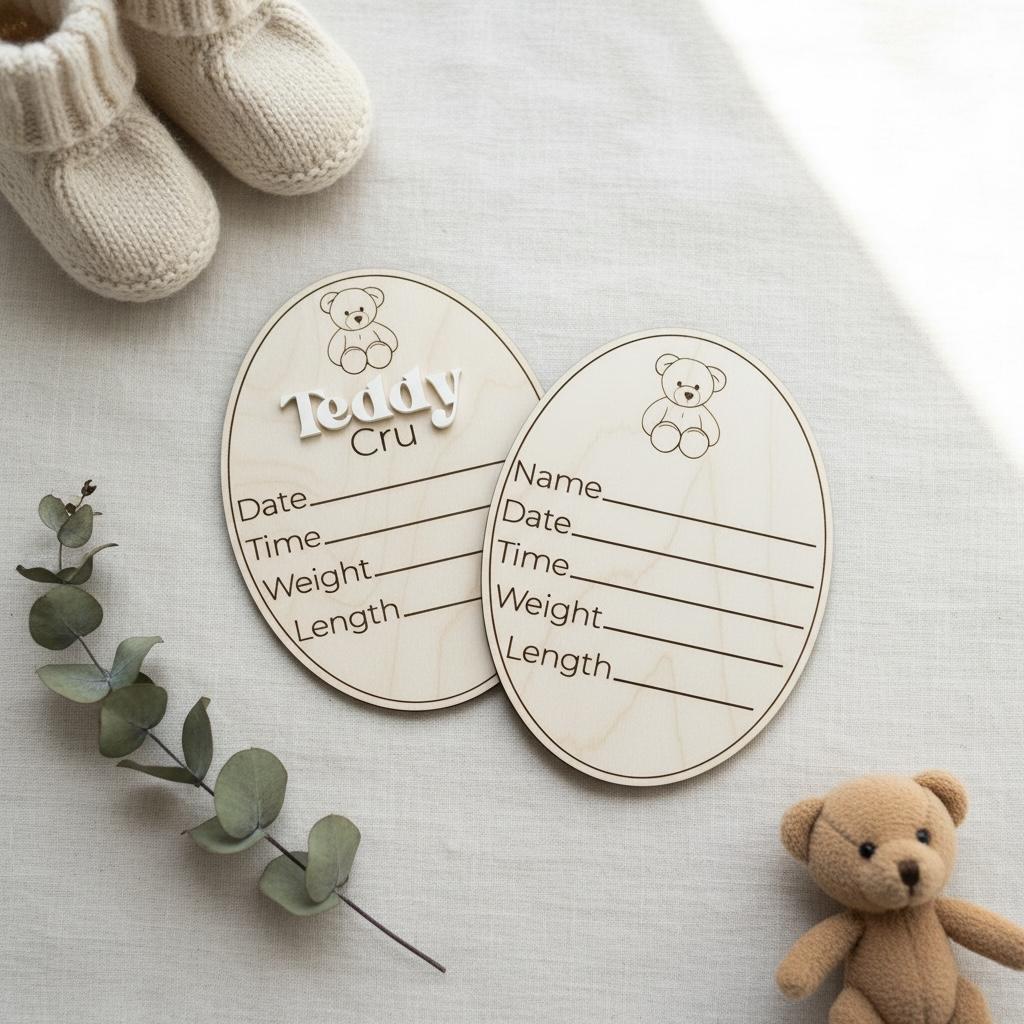 Wooden Baby Birth Announcement Sign | Teddy Bear Nursery Decor | Custom Newborn Stats Plaque | Acrylic Name Sign