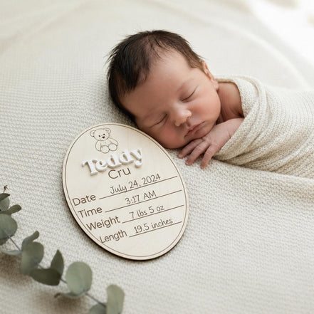 Wooden Baby Birth Announcement Sign | Teddy Bear Nursery Decor | Custom Newborn Stats Plaque | Acrylic Name Sign