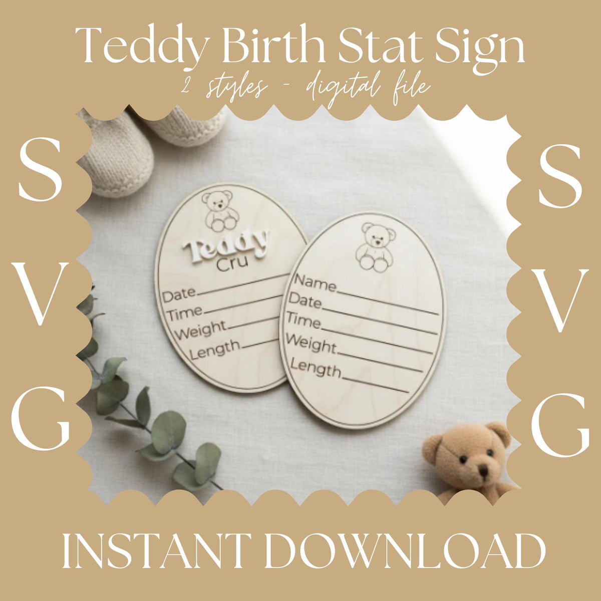 Teddy Bear Birth Stat Sign SVG | Laser Cut Baby Announcement Oval | Newborn Name Sign File | Glowforge LightBurn Ready cutting machine xtool