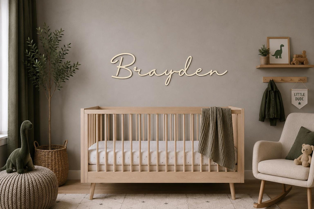 Personalized Wooden Name Sign for Nursery | Custom Baby Name Wall Decor | Laser Cut Birch Wood Sign | Script Nursery Name | 18 24 36