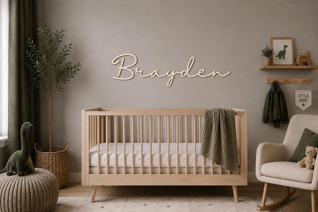 Personalized Wooden Name Sign for Nursery | Custom Baby Name Wall Decor | Laser Cut Birch Wood Sign | Script Nursery Name | 18 24 36
