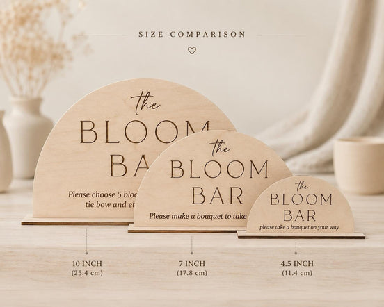 Bloom Bar sign size comparison showing 10-inch, 7-inch and 4.5-inch versions.