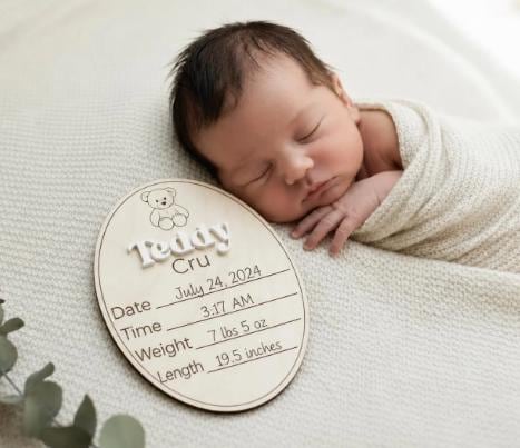 Teddy Bear Birth Stat Sign SVG | Laser Cut Baby Announcement Oval | Newborn Name Sign File | Glowforge LightBurn Ready cutting machine xtool