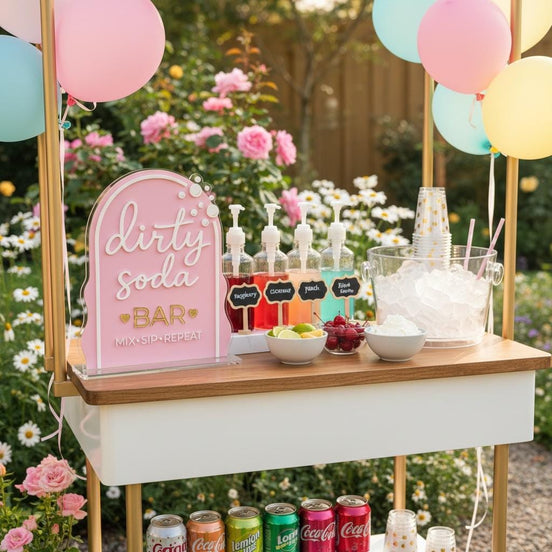 Dirty Soda Bar sign displayed on a drink cart with syrups, cups, fruit and pastel balloons.