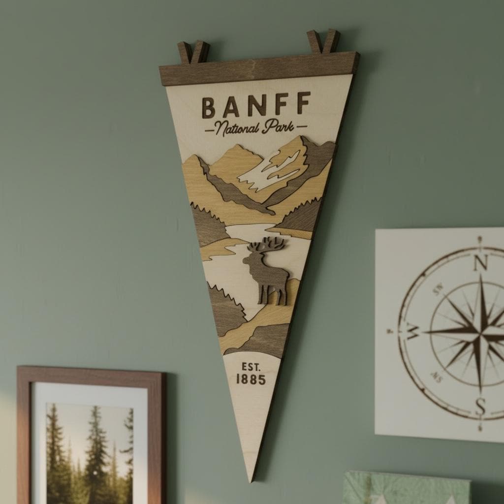 National Park Wood Pennant Flag | Laser Cut Birch National Park Wall Decor | 15 Inch Layered Wood Park Sign | Rustic Cabin Nursery Decor