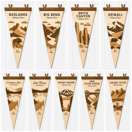 National Park Wood Pennant Flag | Laser Cut Birch National Park Wall Decor | 15 Inch Layered Wood Park Sign | Rustic Cabin Nursery Decor
