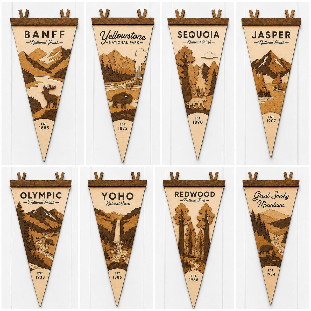 National Park Wood Pennant Flag | Laser Cut Birch National Park Wall Decor | 15 Inch Layered Wood Park Sign | Rustic Cabin Nursery Decor