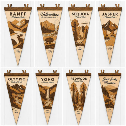 National Park Wood Pennant Flag | Laser Cut Birch National Park Wall Decor | 15 Inch Layered Wood Park Sign | Rustic Cabin Nursery Decor