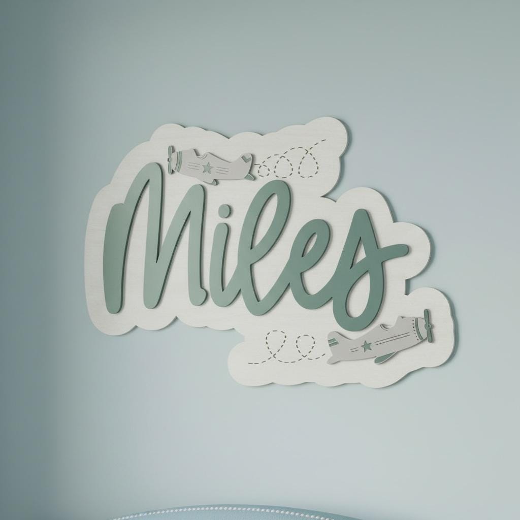 Personalized Airplane Name Sign, Airplane Nursery Decor, Wooden Kids Name Sign, Aviation Wall Decor, Pilot Bedroom Sign, Cloud Name