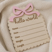 Baby Announcement Sign, Hello World Sign, Wooden Birth Announcement, Newborn Photo Prop, Baby Girl Hospital Announcement