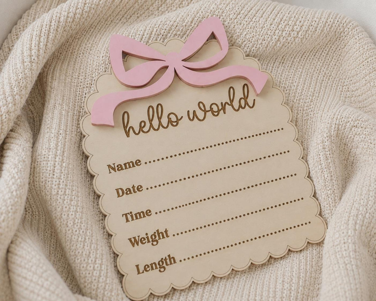 Baby Announcement Sign, Hello World Sign, Wooden Birth Announcement, Newborn Photo Prop, Baby Girl Hospital Announcement