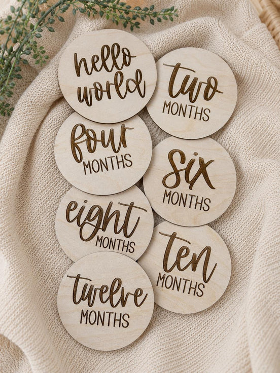 Close view of wooden Hello World, two, four, six, eight, ten and twelve-month discs.