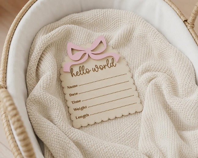 Baby Announcement Sign, Hello World Sign, Wooden Birth Announcement, Newborn Photo Prop, Baby Girl Hospital Announcement