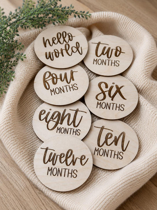 Wooden Hello World and even-month milestone discs arranged on a blanket in a woven basket.
