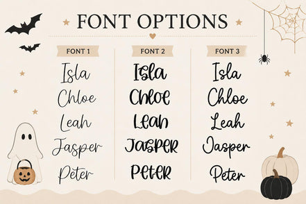 Three ghost-tag font options illustrated with sample names and Halloween accents.