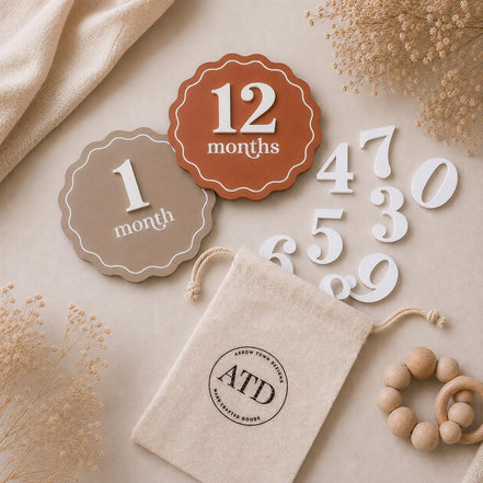 Scalloped baby milestone discs showing 1 and 12 months, with interchangeable white numbers and a storage pouch.