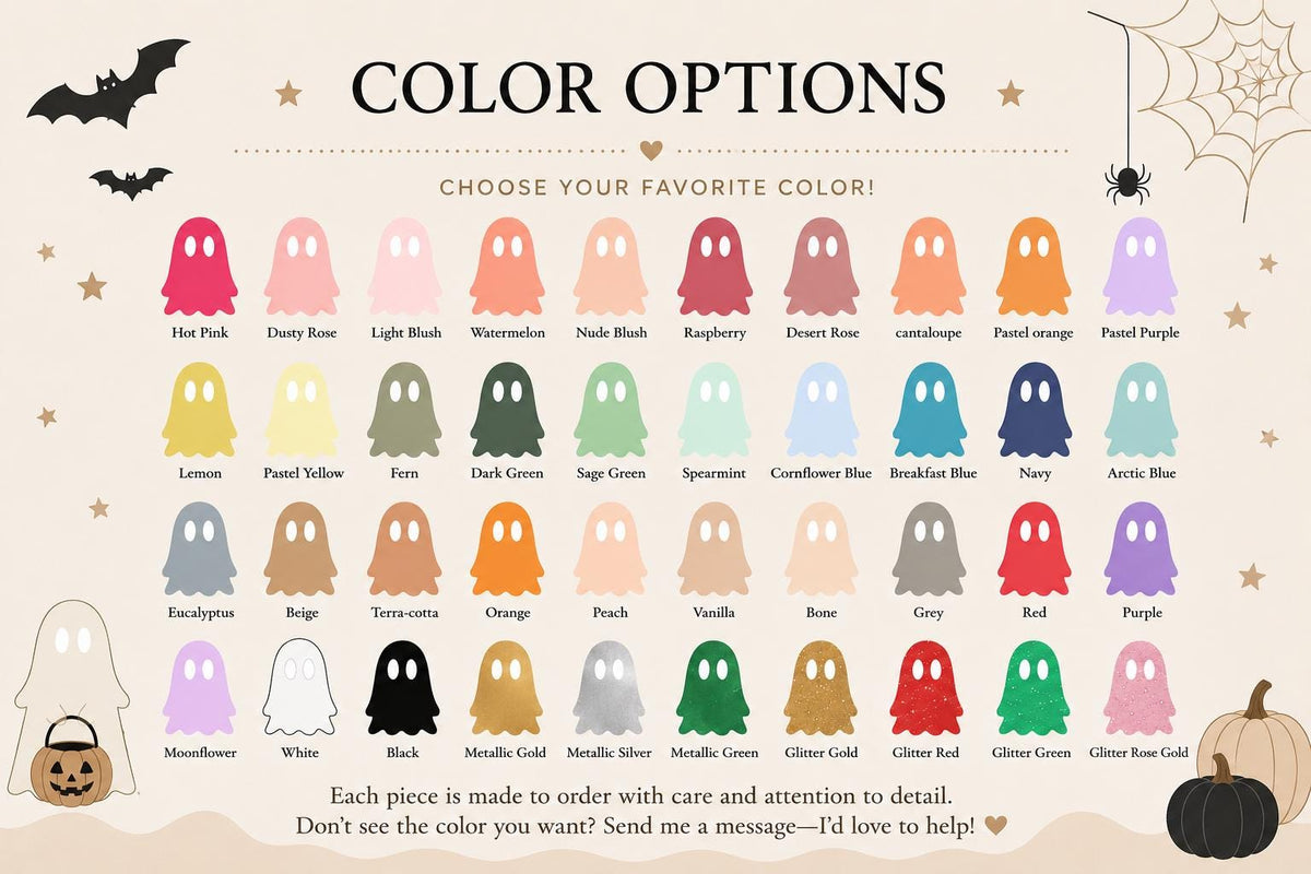 Ghost-tag acrylic color chart showing solid, metallic and glitter choices with labeled swatches.