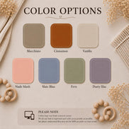 Acrylic milestone color chart: macchiato, cinnamon, vanilla, nude blush, slate blue, fern and dusty lilac.