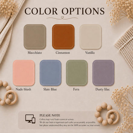 Acrylic milestone color chart: macchiato, cinnamon, vanilla, nude blush, slate blue, fern and dusty lilac.