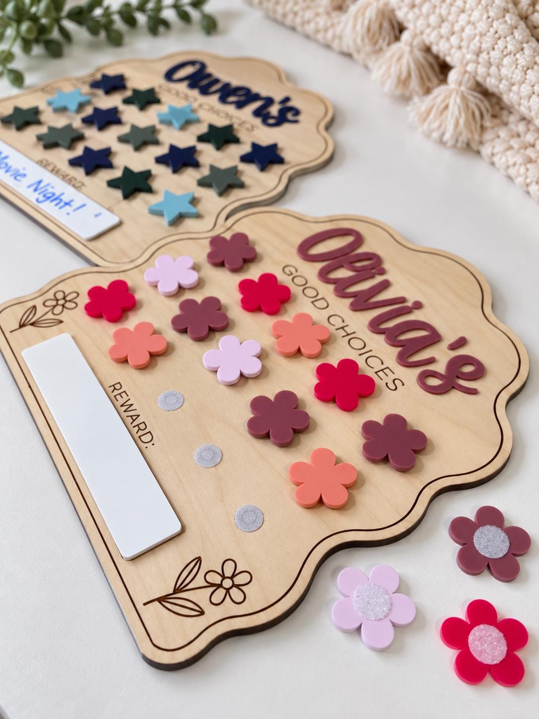 Personalized Kids Reward Chart, Wooden Behavior Chart with Stars or Flowers, Good Choices Chart