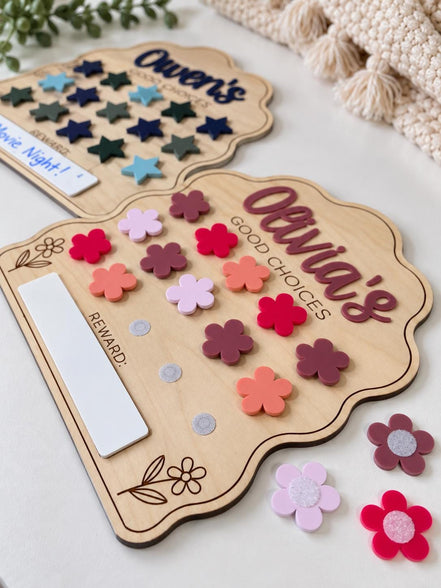 Personalized Kids Reward Chart, Wooden Behavior Chart with Stars or Flowers, Good Choices Chart