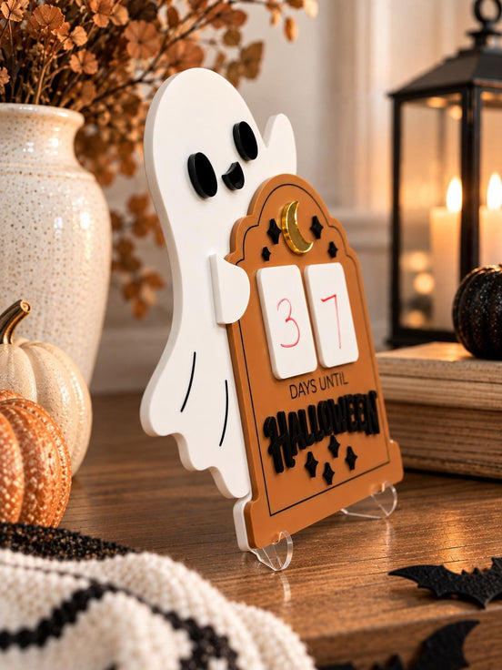 Angled view of the ghost and headstone countdown sign with dry-erase number squares.
