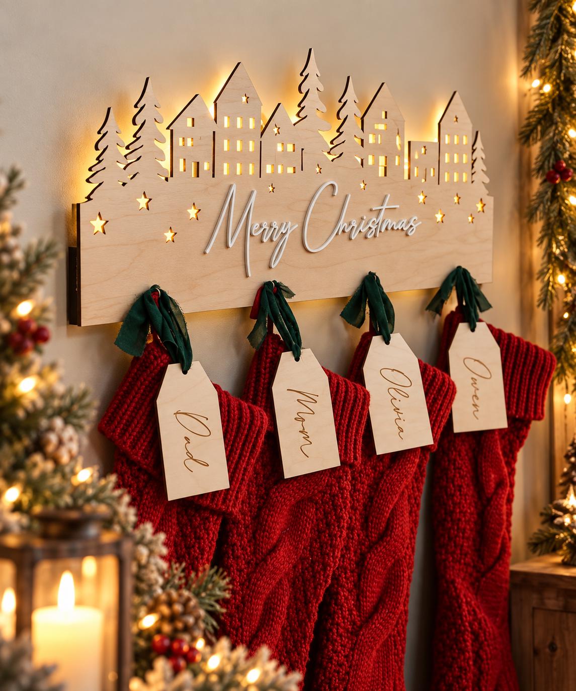 Stocking Holder | Merry Christmas | Custom Stocking display | Wood Stocking Sign | Fireplace | Christmas decor | Christmas village