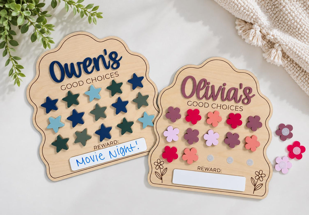 Personalized Kids Reward Chart, Wooden Behavior Chart with Stars or Flowers, Good Choices Chart